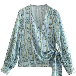 Xi Xi Women Asymmetric V Neck Blue Chain Print Long Sleeve Blouse Size M
